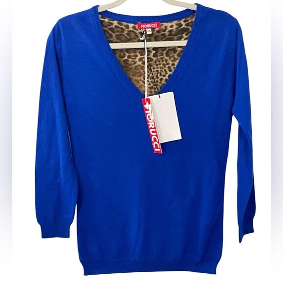 NWT Fiorucci Vintage V-neck Sweater Sz XS Royal Cobalt Blue Wool Blend ITTIERRE - Picture 1 of 8